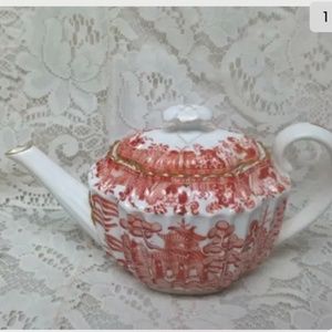 Antique, Spode-Copeland, England, Orange Red- Blue Willow  Demitasse Teapot
